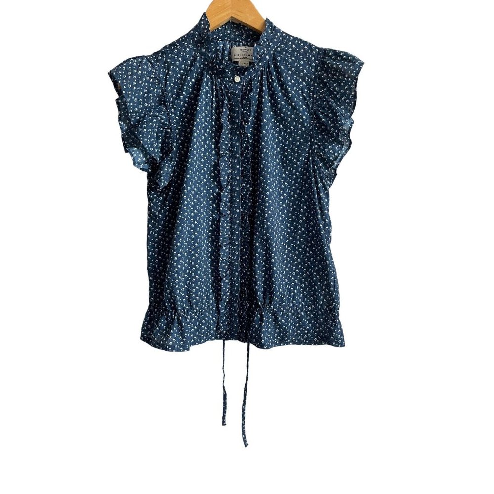 Trovata Birds of Paradise Women's Button Up Size Medium Blue Floral Ruffle Top